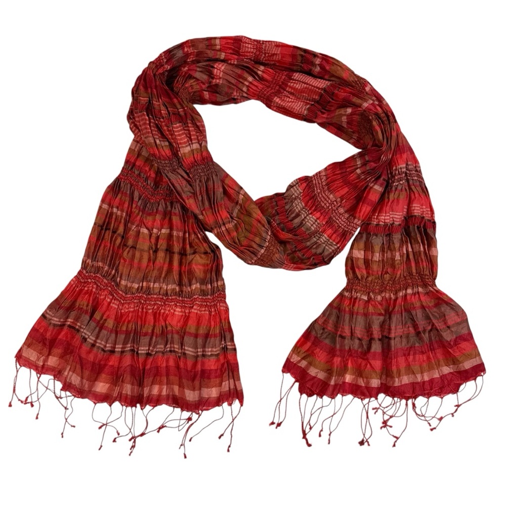 EILEEN FISHER Puckered Ruched Silk Blend Organic Cotton Wrap Scarf Red